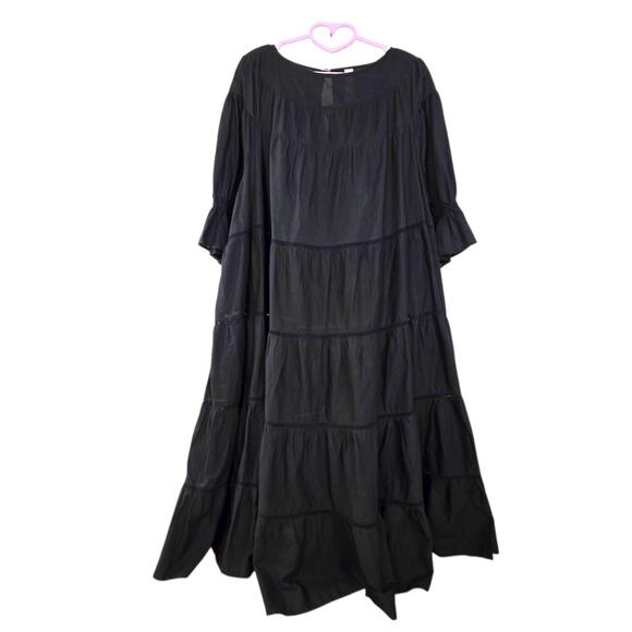 Merlette Womens Size Large Paradis Elastic Cuff Short Sleeve Tiered Black Dress - Picture 1 of 14